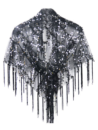 1920s Hollow Tassel Lace-Up Sequined Cape - vintage fashion, retro style