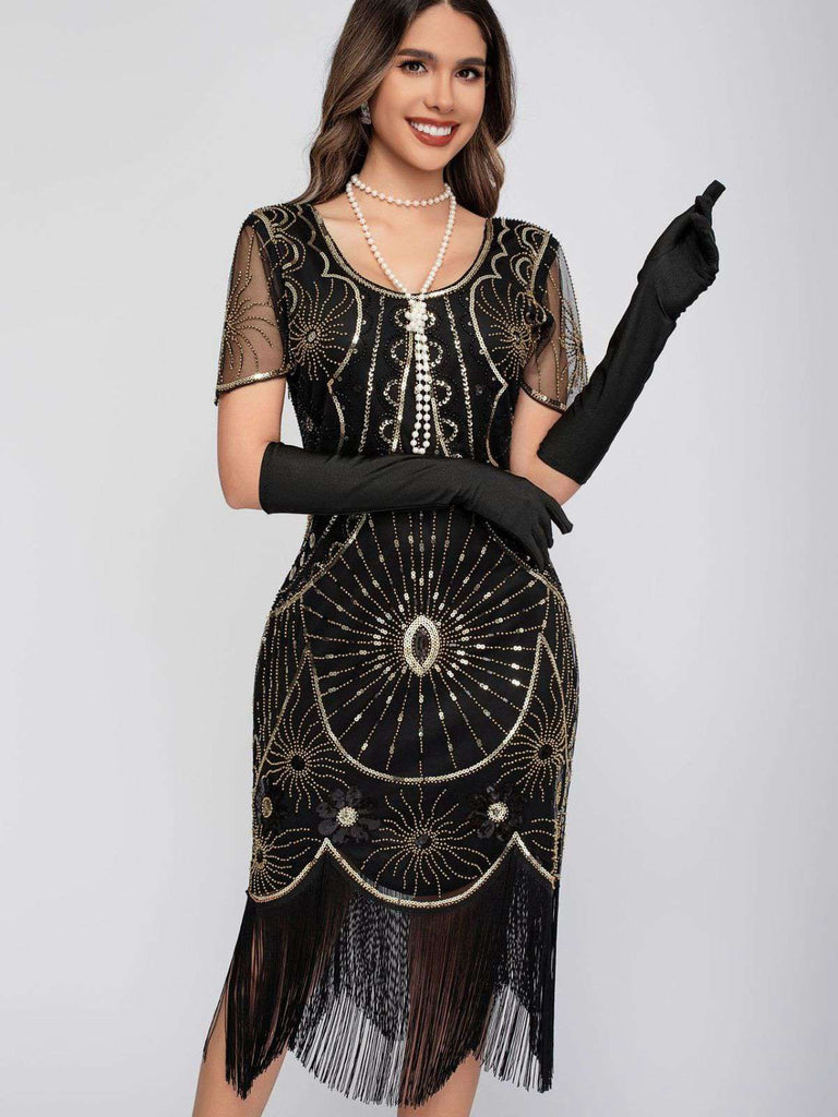 1920s Scoop Neck Sequin Fringe Flapper Dress - vintage dress, retro fashion, Gatsby party