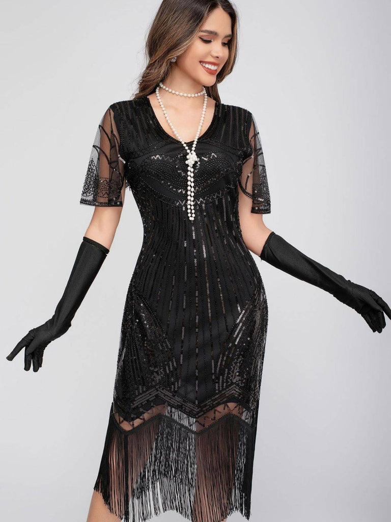 1920s Scoop Neck Sequin Tassels Charleston Dress - vintage dress, retro fashion, Gatsby party