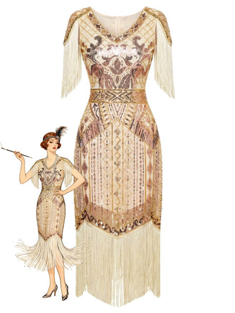 1920s Sequin Fringe Flapper V-Neck Dress - vintage dress, retro fashion, Gatsby party