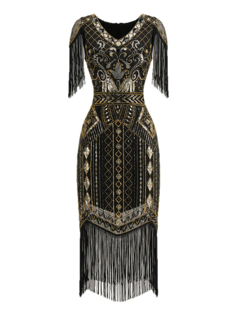 1920s Sequin Fringe Flapper V-Neck Dress - vintage dress, retro fashion, Gatsby party
