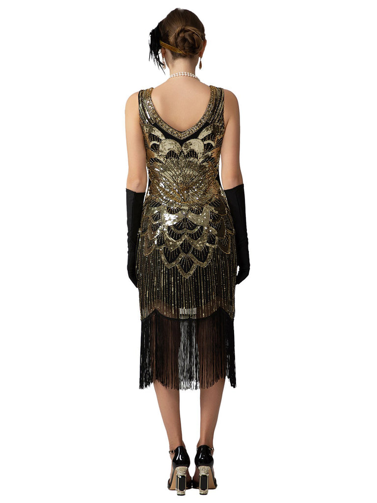 1920s Sequin Fringe Sleeveless U-Neck Flapper Dress - vintage dress, retro fashion, Gatsby party