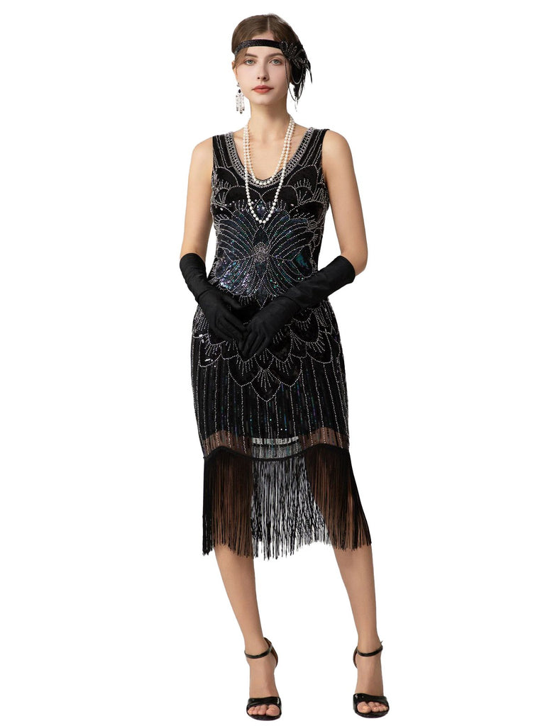 1920s Sequin Fringe Sleeveless U-Neck Flapper Dress - vintage dress, retro fashion, Gatsby party