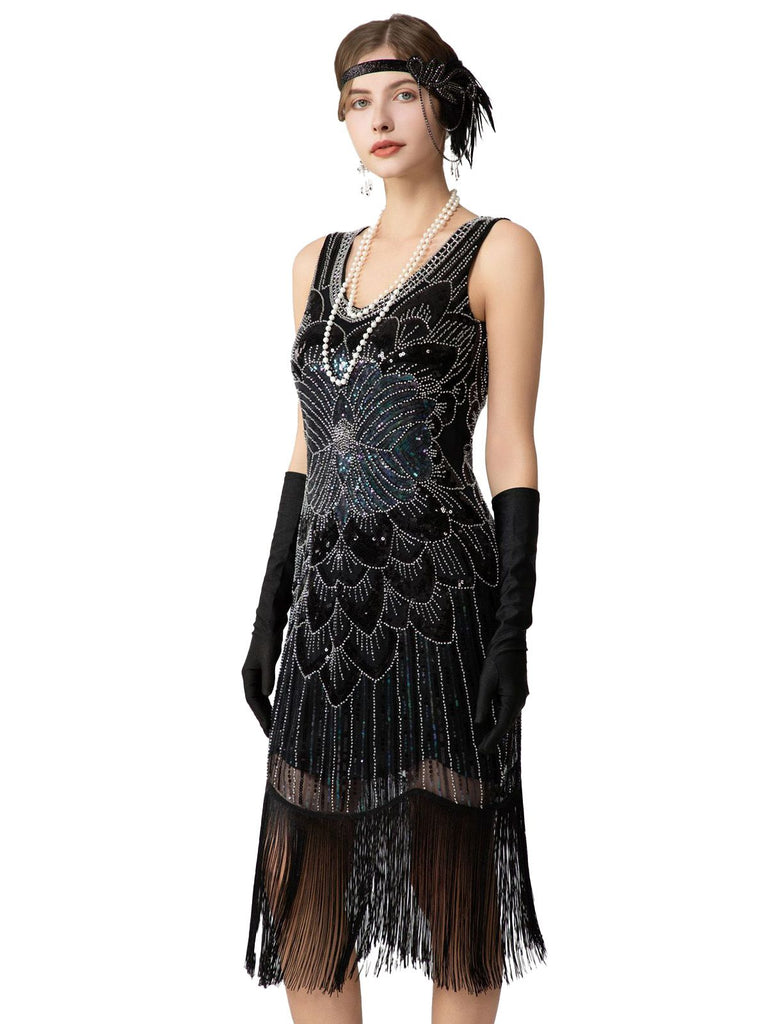 1920s Sequin Fringe Sleeveless U-Neck Flapper Dress - vintage dress, retro fashion, Gatsby party