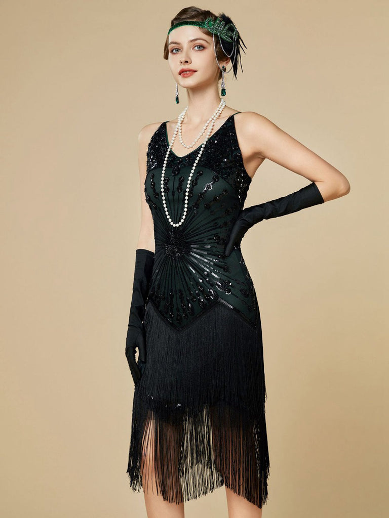 1920s Sequin Fringe Spaghetti Strap Flapper Dress - vintage dress, retro fashion, Gatsby party