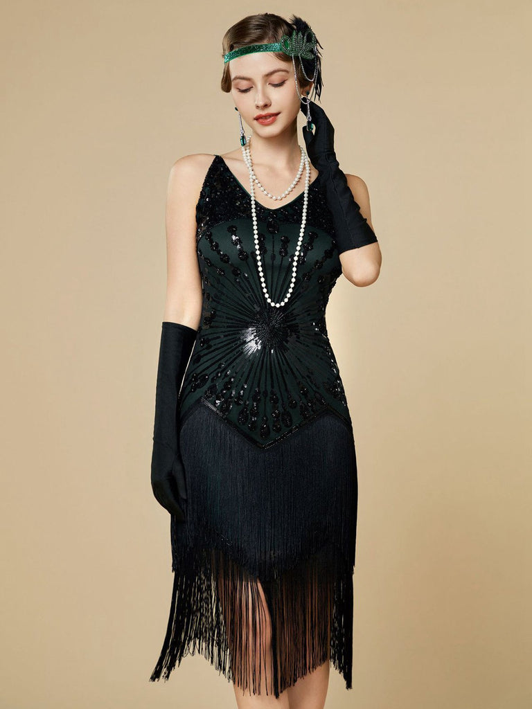 1920s Sequin Fringe Spaghetti Strap Flapper Dress - vintage dress, retro fashion, Gatsby party