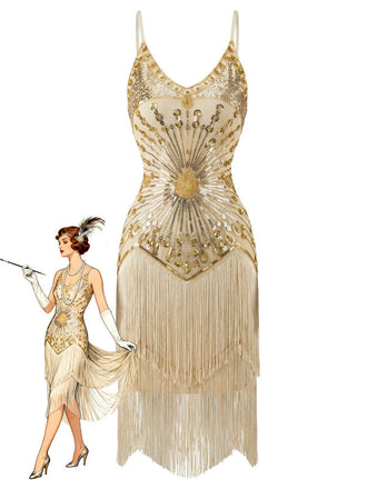 1920s Sequin Fringe Spaghetti Strap Flapper Dress - vintage dress, retro fashion, Gatsby party