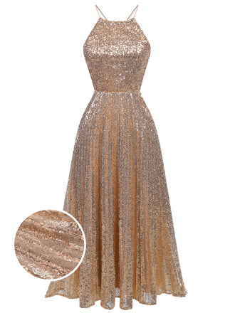 She slips into this 1920s Sequined Backless Halter Dress and suddenly it's a 1920s daydream