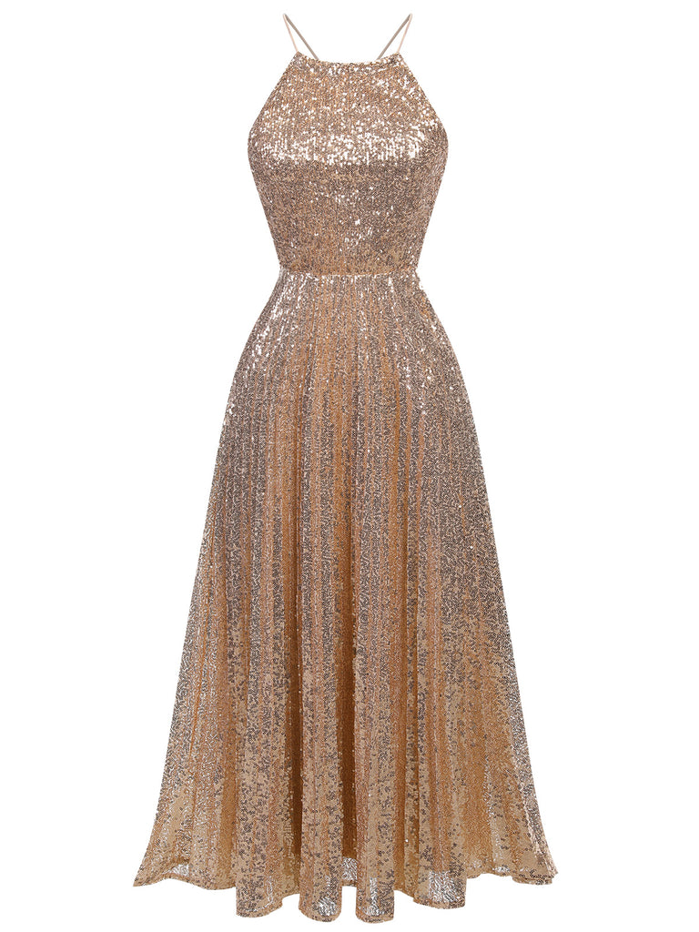 1920s Sequined Backless Halter Dress: where 1920s romance meets her modern spirit