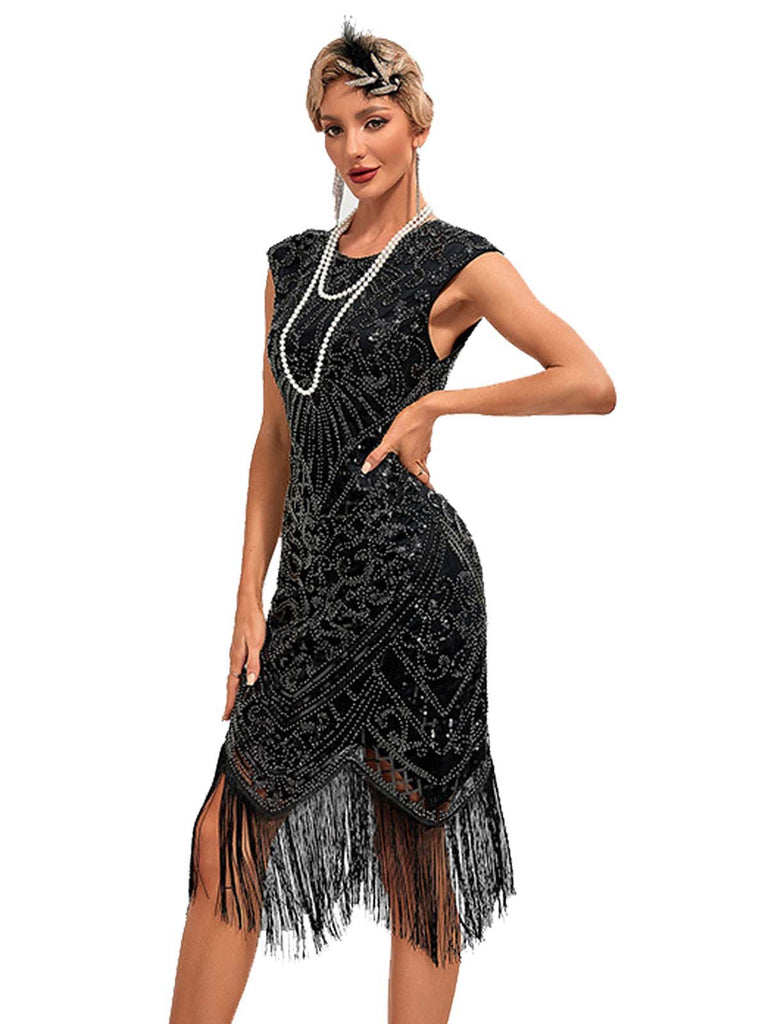 1920s Sequined Fringe Round Neck Cap Sleeve Dress - vintage dress, retro fashion, Gatsby party