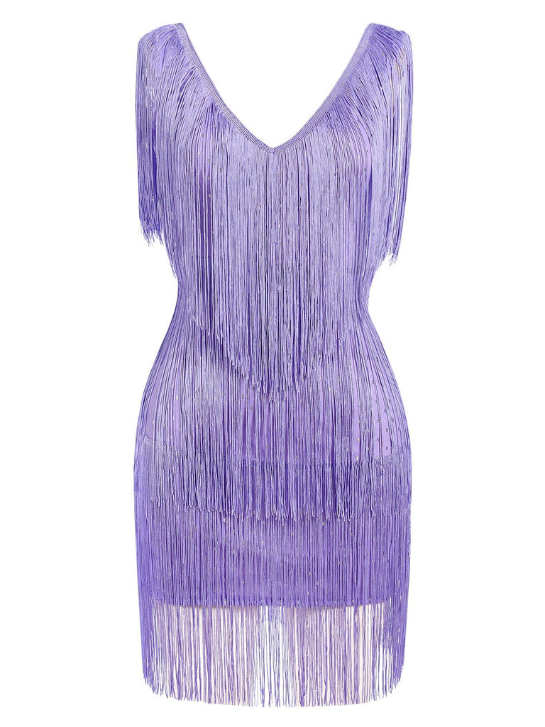 1920s V-Neck Fringe Solid Sleeveless Dress: where 1920s romance meets her modern spirit