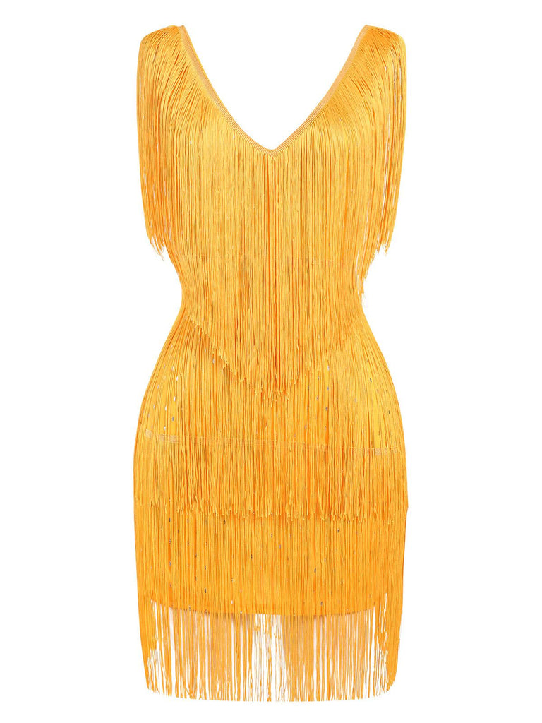 1920s V-Neck Fringe Solid Sleeveless Dress: where 1920s romance meets her modern spirit
