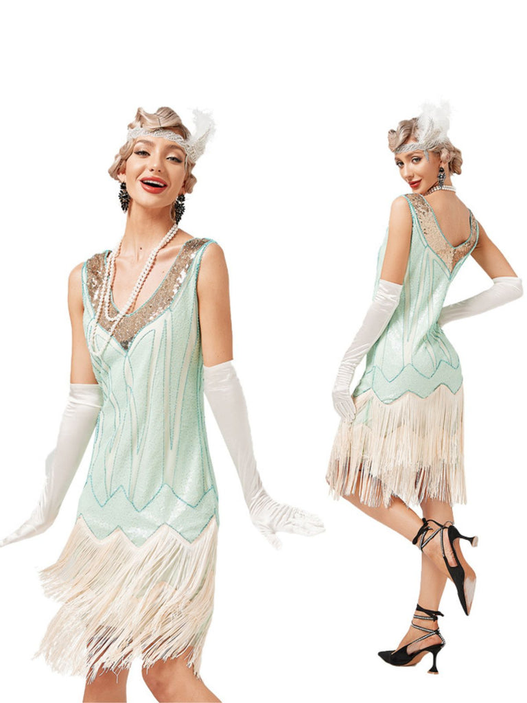 1920s V-Neck Sequined Mesh Mermaid Formal Dress — vintage elegance for the modern woman