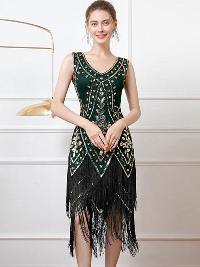 1920s V-Neck Sequined Tassel Flapper Sleeveless Dress: where 1920s romance meets her modern spirit