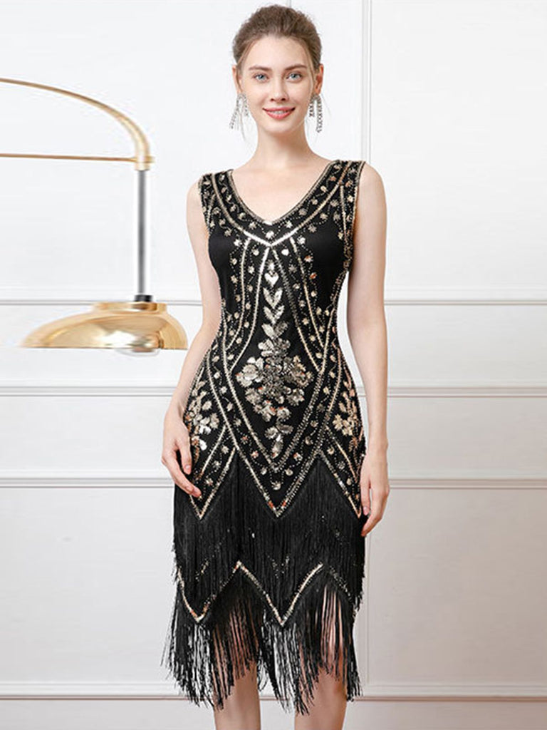 She slips into this 1920s V-Neck Sequined Tassel Flapper Sleeveless Dress and suddenly it's a 1920s daydream