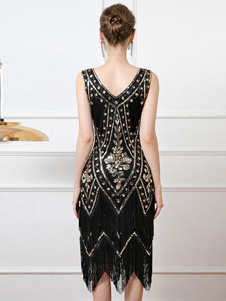 1920s V-Neck Sequined Tassel Flapper Sleeveless Dress: where 1920s romance meets her modern spirit