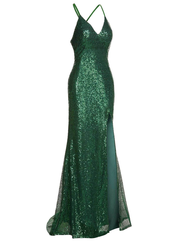 Back view: 1920s 1920s V-Neck Side Slit Sequined Sling Dress, perfect for retro themed parties, vintage fashion enthusiasts and special occasions
