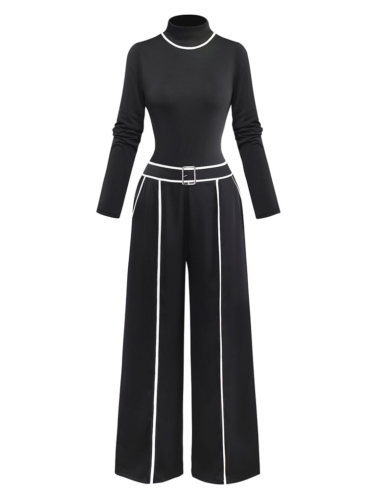 2PCS Black 1930s Binding Stand Collar Knitted Top & Wide-Leg Pants - vintage fashion, retro style, classic black