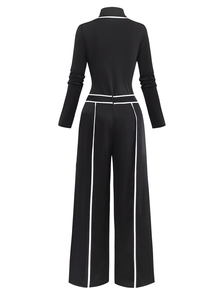 2PCS Black 1930s Binding Stand Collar Knitted Top & Wide-Leg Pants - vintage fashion, retro style, classic black