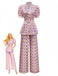 2PCS Pink 1930s Printed Puff Sleeve Belted Blazer & Pants - vintage fashion, retro style