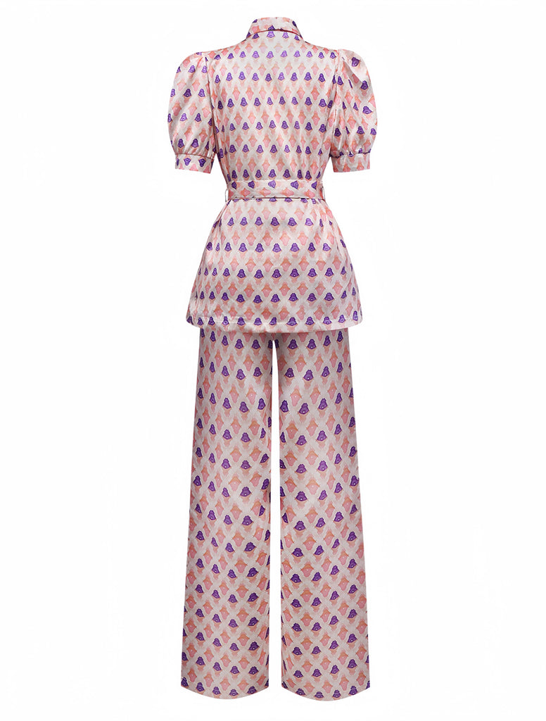 2PCS Pink 1930s Printed Puff Sleeve Belted Blazer & Pants - vintage fashion, retro style