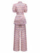 2PCS Pink 1930s Printed Puff Sleeve Belted Blazer & Pants - vintage fashion, retro style