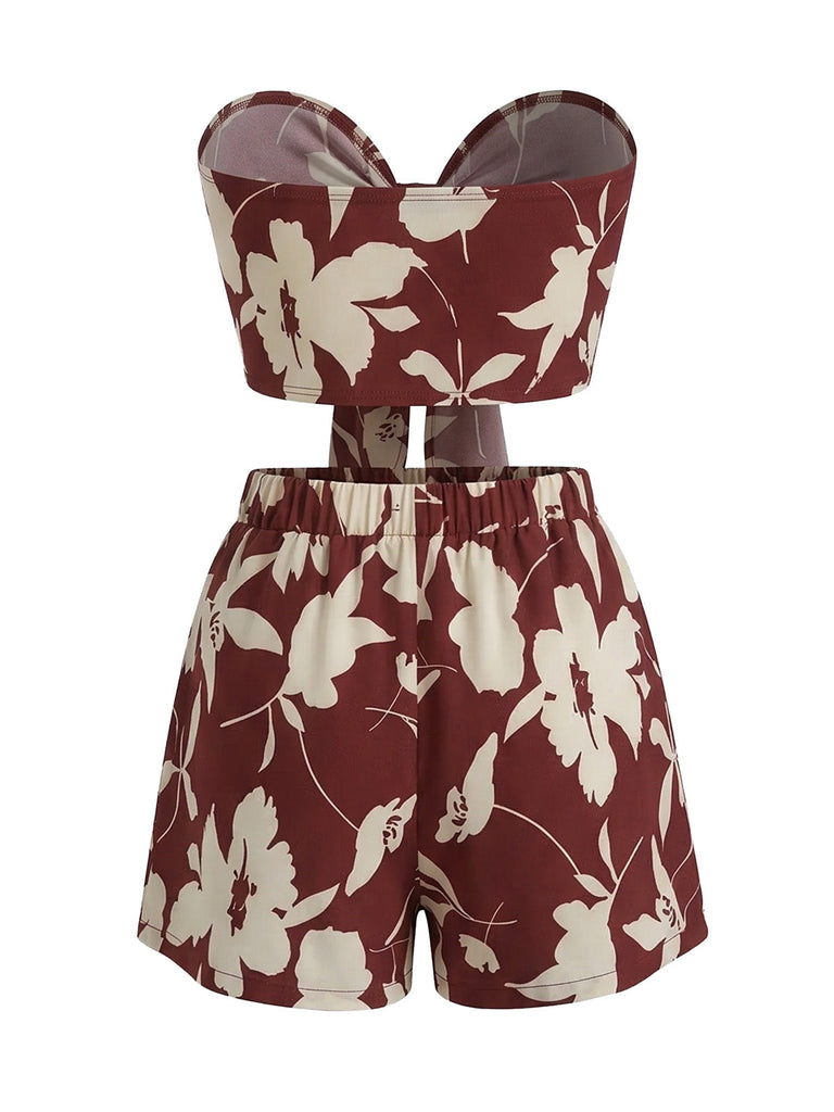 2PCS 1930s Tropical Floral Print Strapless & Shorts Set - vintage fashion, retro style