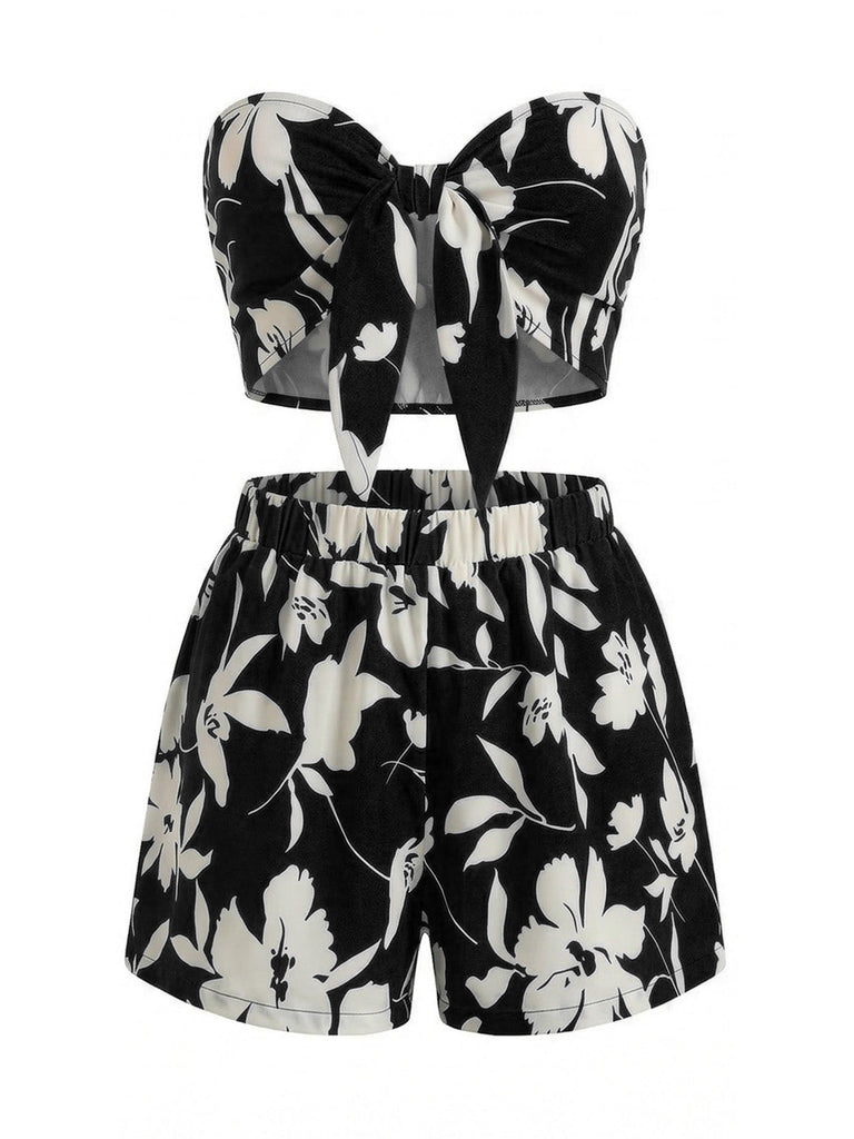 2PCS 1930s Tropical Floral Print Strapless & Shorts Set - vintage fashion, retro style