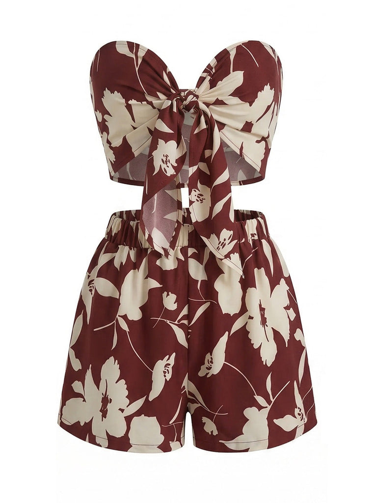 2PCS 1930s Tropical Floral Print Strapless & Shorts Set - vintage fashion, retro style