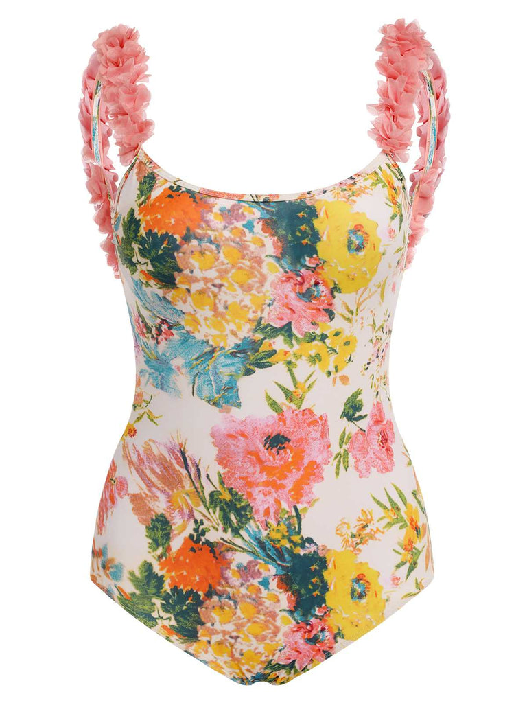 1930s 3D Floral Strap Backless One-Piece Swimsuit: 1930s Riviera elegance, reimagined for her