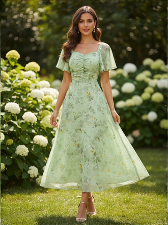 Green 1930s Butterfly Flutter Sleeve Chiffon Dress, vintage dress, retro fashion - perfect for women who love vintage and retro fashion