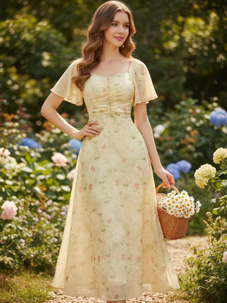 Yellow 1930s Butterfly Flutter Sleeve Chiffon Dress, vintage dress, retro fashion - perfect for women who love vintage and retro fashion