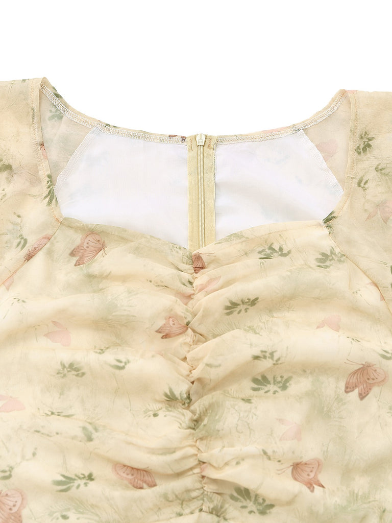 Yellow 1930s Butterfly Flutter Sleeve Chiffon Dress - vintage dress, retro fashion