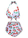 Side view: 1930s 1930s Red Cherry Ruched Halter Bi