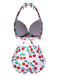 Back view: 1930s 1930s Red Cherry Ruched Halter Bi