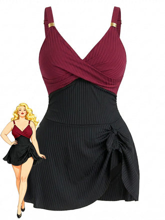 [Plus Size] 1930s Color Block Ribbed One-Piece Swimsuit