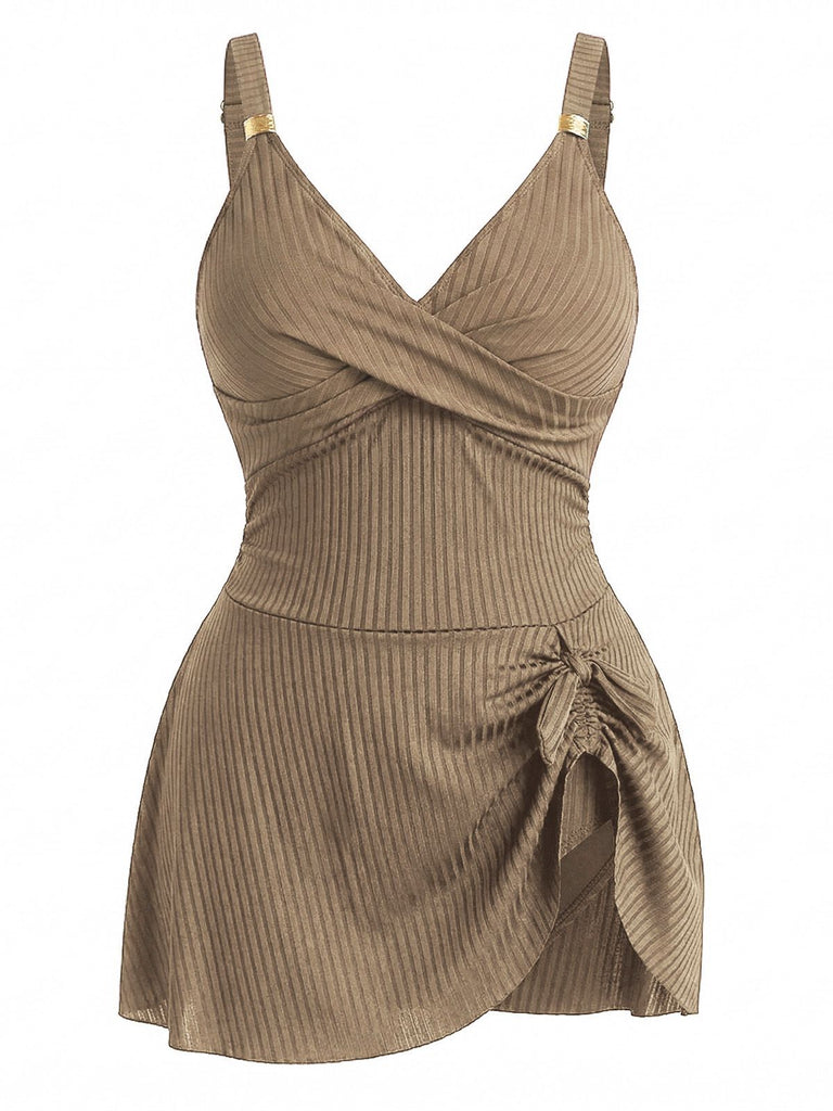 1930s Color Block Ribbed One-Piece Swimsuit, vintage swimsuit, pin-up swimwear, retro beach style, women, elegant