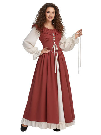 1930s Colorblock Ruffled Lace-Up Renaissance Dress - vintage dress, retro fashion