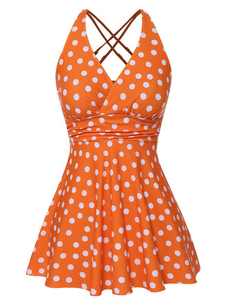 Front view: 1930s 1930s Cross Straps Polka Dots Swimsuit, perfect for retro themed parties, vintage fashion enthusiasts and special occasions