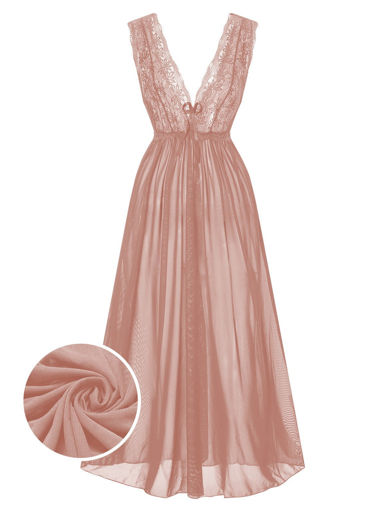 Front view: 1930s 1930s Deep V-Neck Lace Mesh Nightgown, perfect for retro themed parties, vintage fashion enthusiasts and special occasions