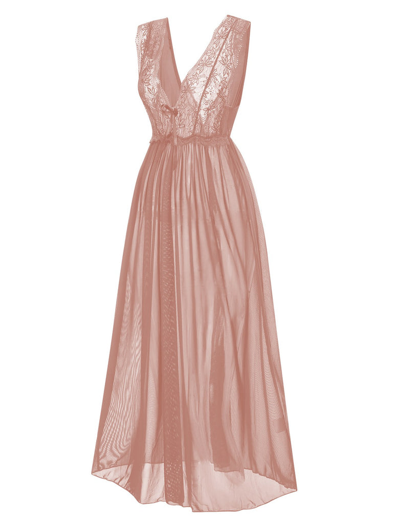 Back view: 1930s 1930s Deep V-Neck Lace Mesh Nightgown, perfect for retro themed parties, vintage fashion enthusiasts and special occasions