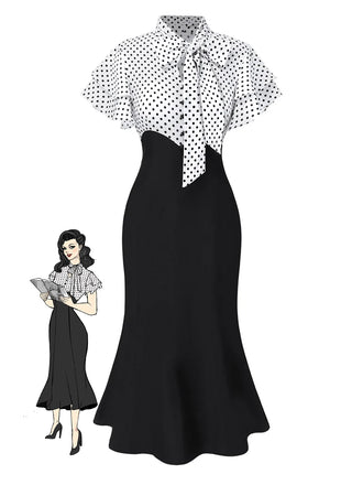 She slips into this 1930s Dots Tie Neck Mermaid Dress and suddenly it's a 1930s daydream