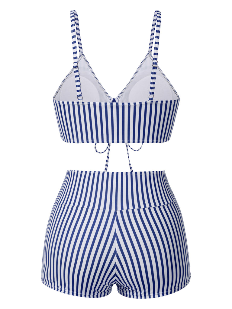 1930s Drawstring Straps Vertical Stripe Boxer Bikini — 1930s poolside glamour meets sun-drenched confidence
