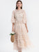 Beige 1930s Floral Embroidery Illusion Mesh Ruffled Dress - vintage dress, retro fashion