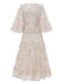 Beige 1930s Floral Embroidery Illusion Mesh Ruffled Dress - vintage dress, retro fashion