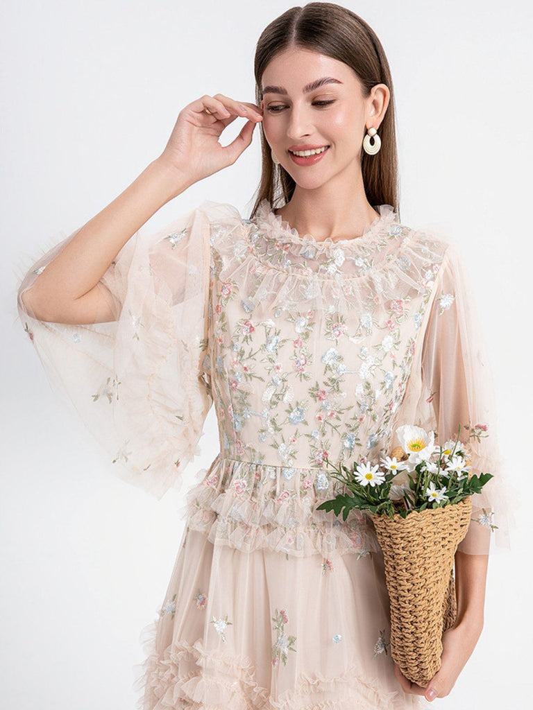 Beige 1930s Floral Embroidery Illusion Mesh Ruffled Dress - vintage dress, retro fashion