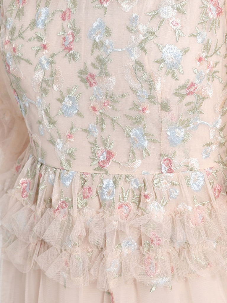 Beige 1930s Floral Embroidery Illusion Mesh Ruffled Dress - vintage dress, retro fashion