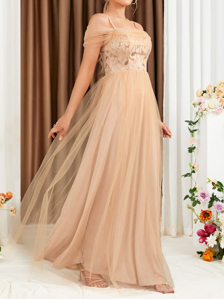 Beige 1930s Sequin Mesh Patchwork Cold-Shoulder Dress - vintage dress, retro fashion