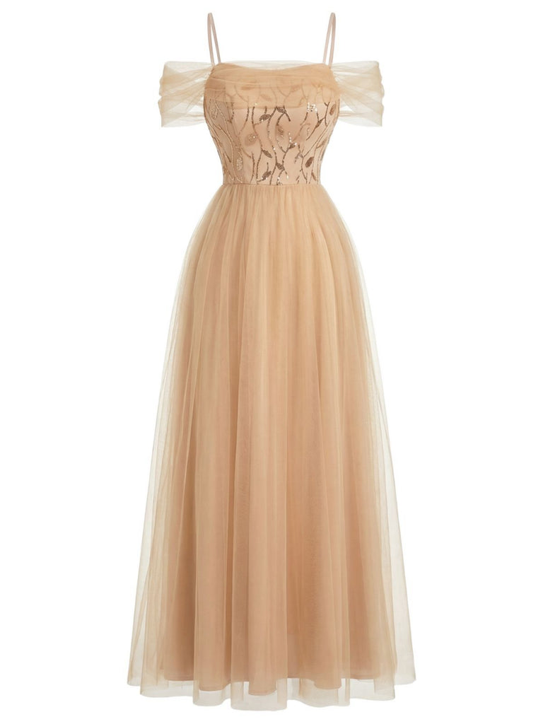 Beige 1930s Sequin Mesh Patchwork Cold-Shoulder Dress - vintage dress, retro fashion