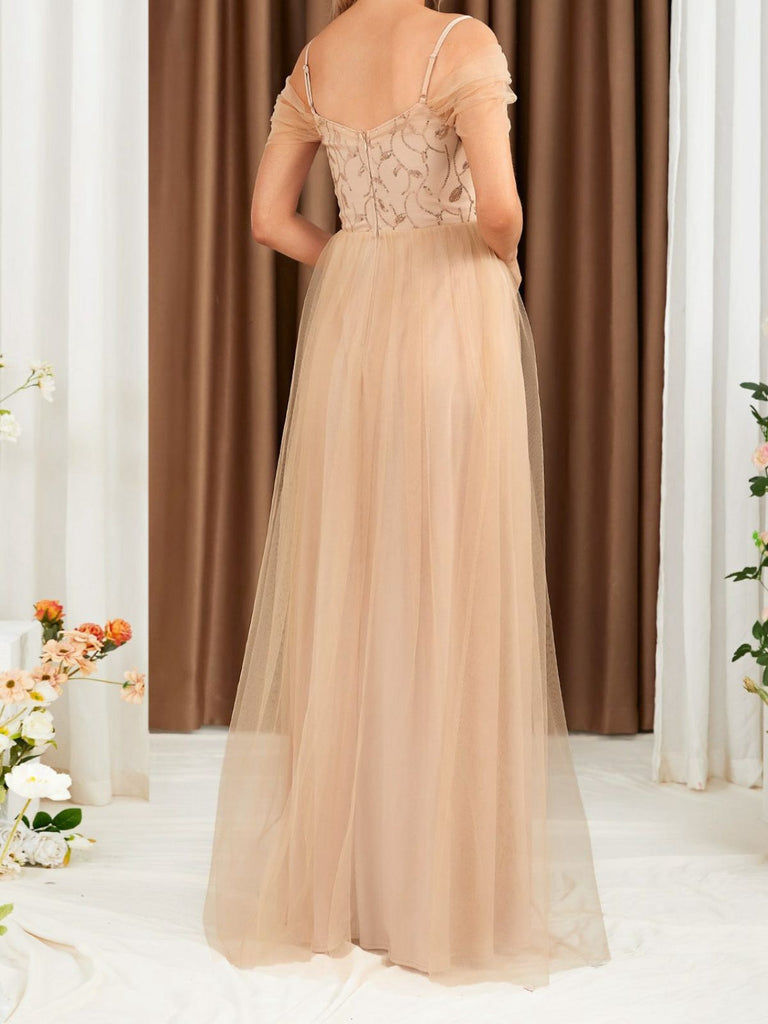 Beige 1930s Sequin Mesh Patchwork Cold-Shoulder Dress - vintage dress, retro fashion